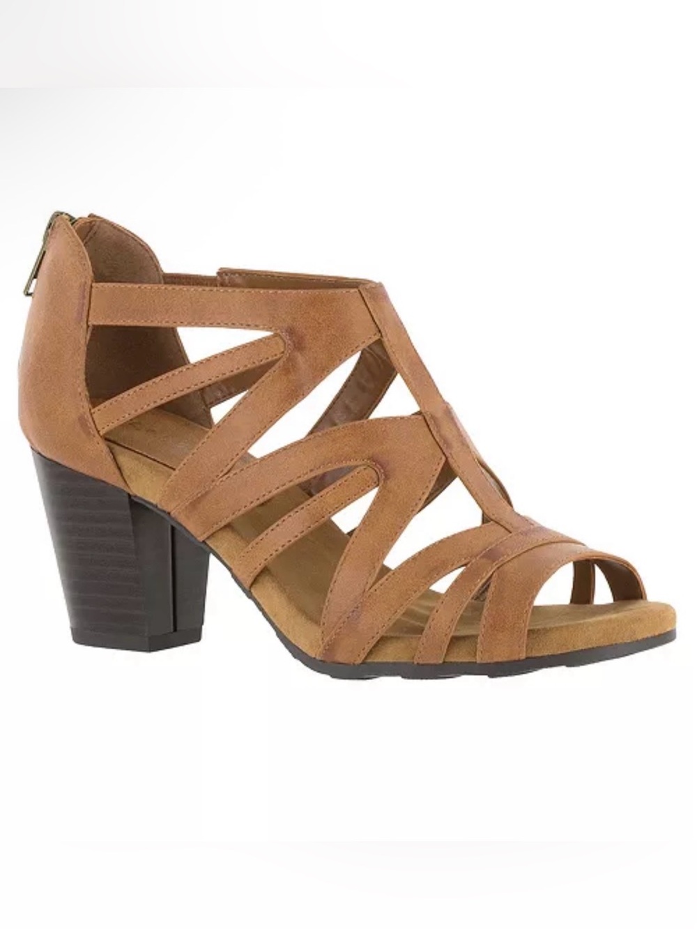 Easy Street Amaze Cognac Strappy Mid Block Heel Sandal | Sz. 7W